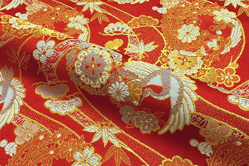金襴生地 京都 西陣織 瑞祥鶴花丸錦（赤）柄の和柄生地通販なら都香庵