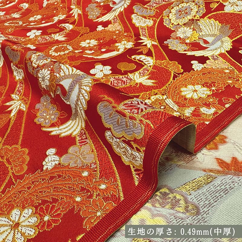 金襴生地 京都 西陣織 瑞祥鶴花丸錦（赤）柄の和柄生地通販なら都香庵