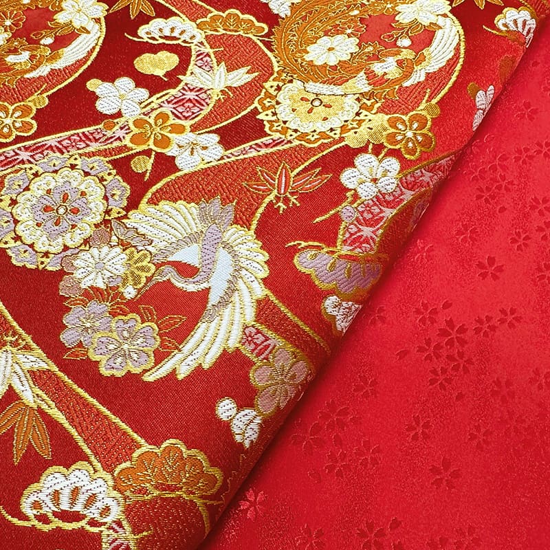 金襴織物 瑞祥鶴花丸錦（赤）裏地との組み合わせ例
