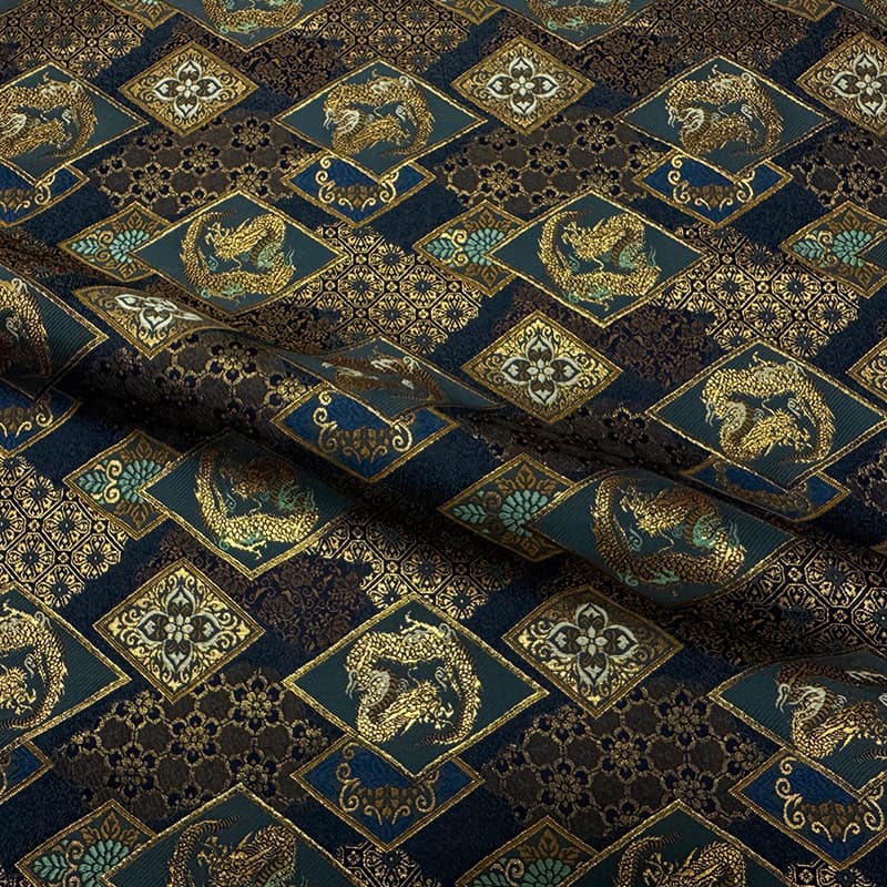 金襴織物 華文地菱龍 (紺)流水と菊文様の拡大