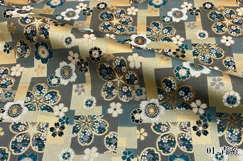京都西陣織・金襴生地 石畳梅文(青系)