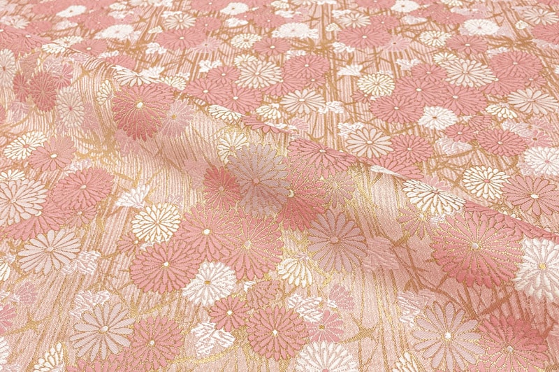 金襴生地 京都 西陣織 菊笹文（桃） 柄の和柄生地通販なら都香庵