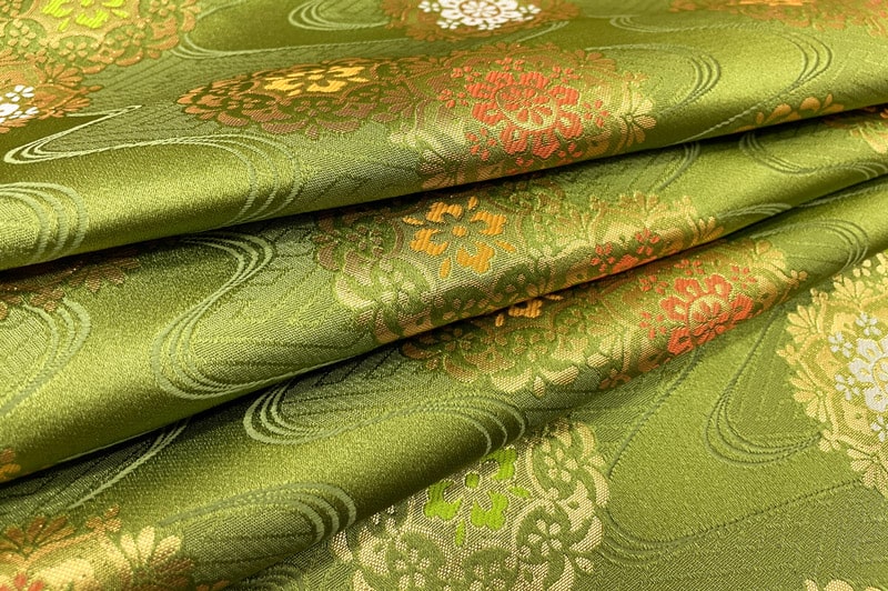 金襴生地 京都 西陣織 紗綾形地流水華文（鶸萌黄）
