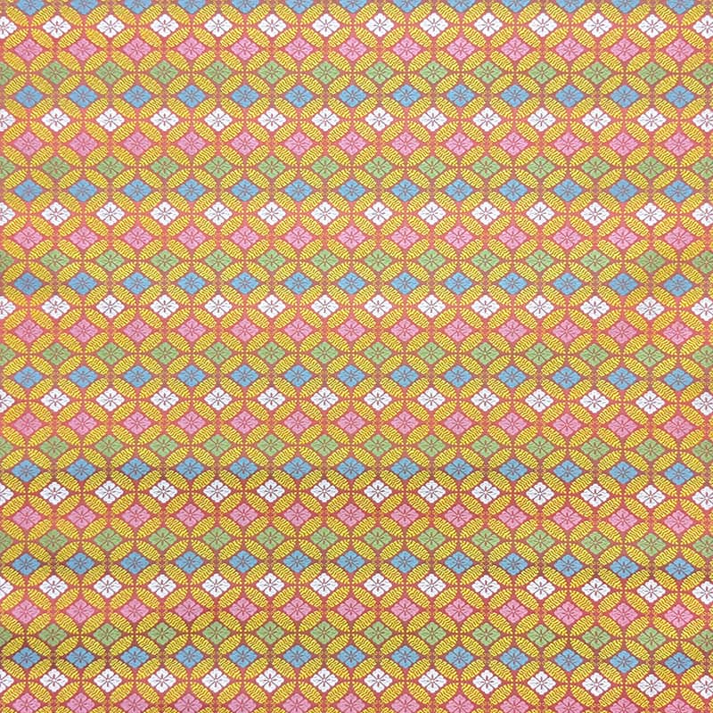 金襴織物 羊歯七宝文 (紅梅色) 金糸の光沢感