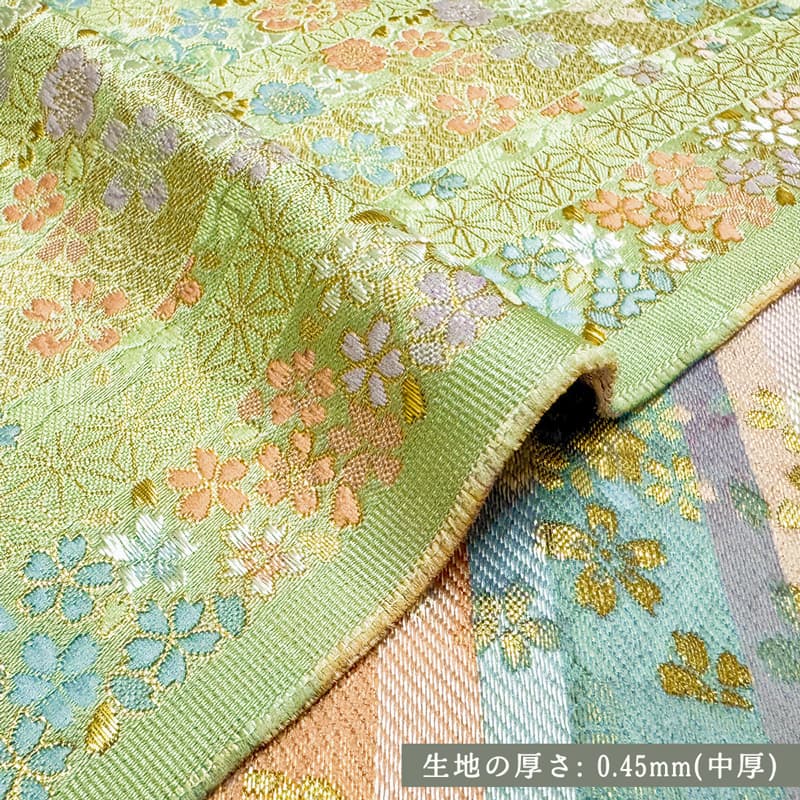 金襴織物 間道に桜（淡緑） 厚さ