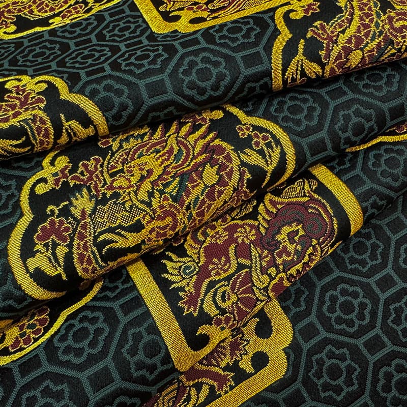 金襴織物 唐獅子と龍（黒） 