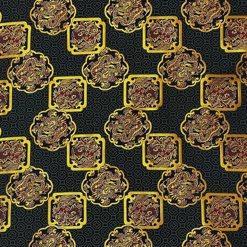 金襴織物 唐獅子と龍（黒）