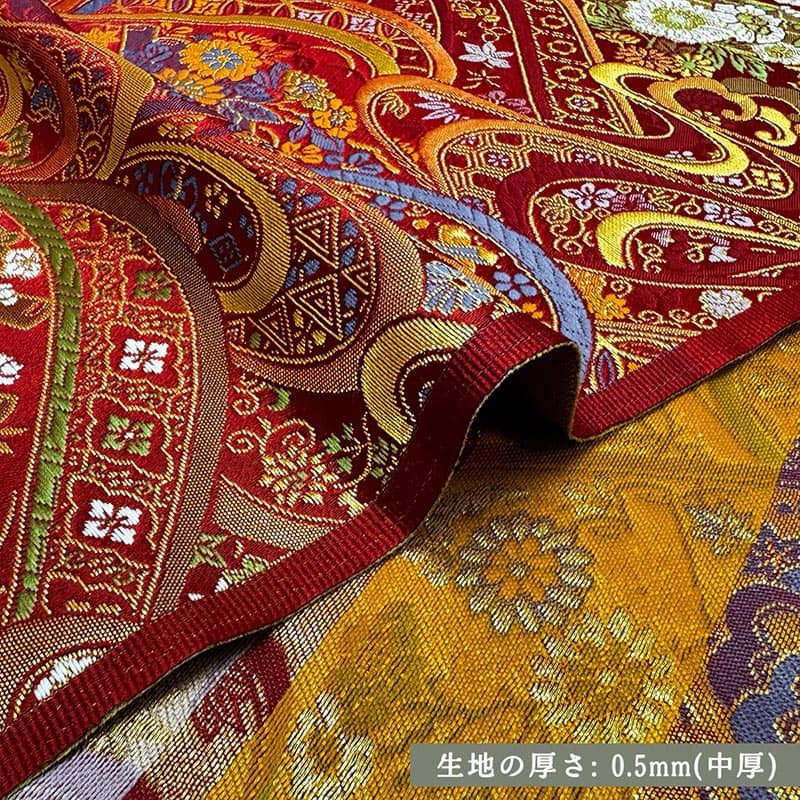 金襴織物 のし波文に菊牡丹（赤） 厚さ