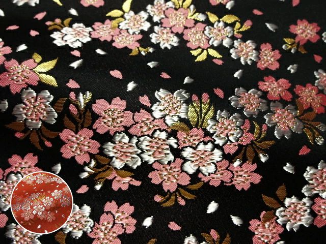 京都西陣織・金襴生地 雅桜（黒） 10cm単位 切り売り 和柄 和風生地 はぎれ 布地 きんらん よさこい