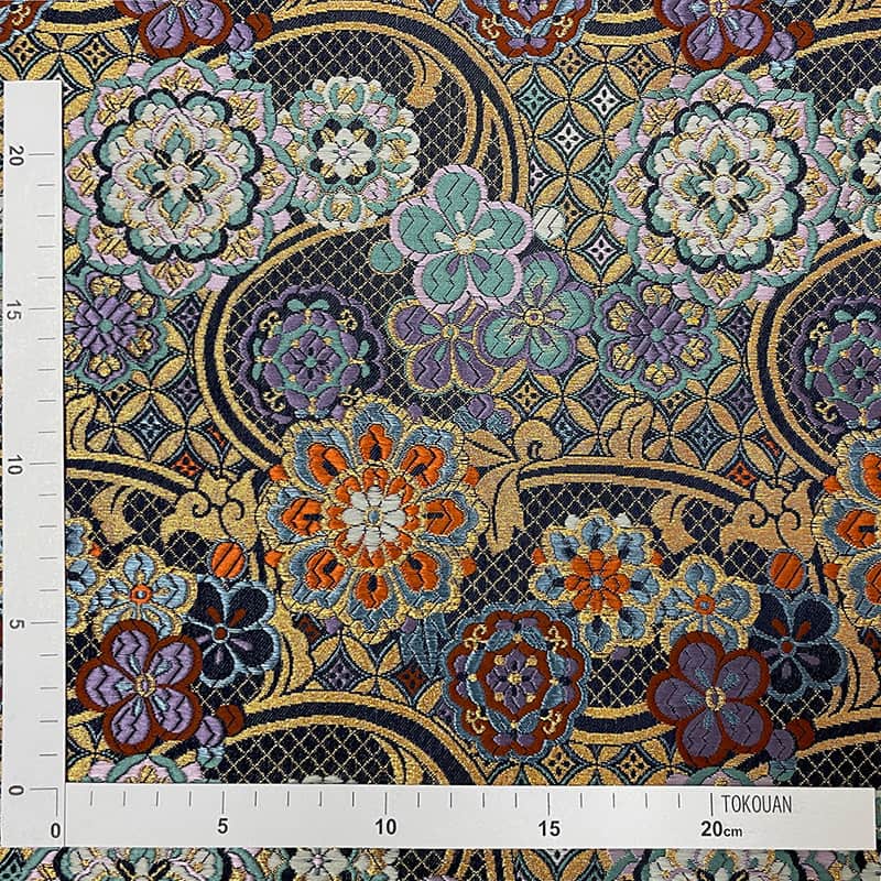 金襴織物 網目地華文(艶紺) 金糸の光沢感