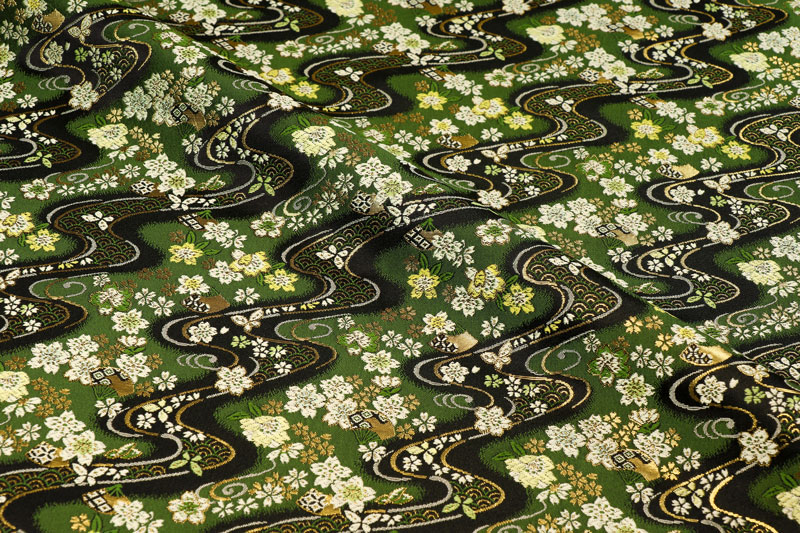 金襴織物 緑地桜扇文