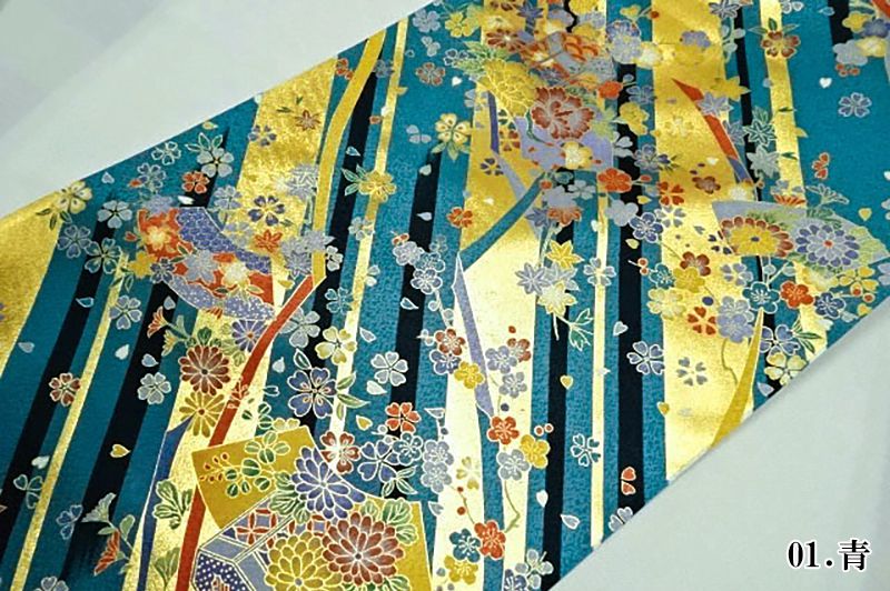 京友禅 青緑系 貝桶 金駒刺繍 金彩 河合美術織物袋帯フルセット 京友禅 青緑系 貝桶 金駒刺繍 金彩 河合美術織物袋帯フルセット