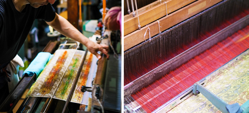 京都の工房で作られる日本製金襴織物の制作風景