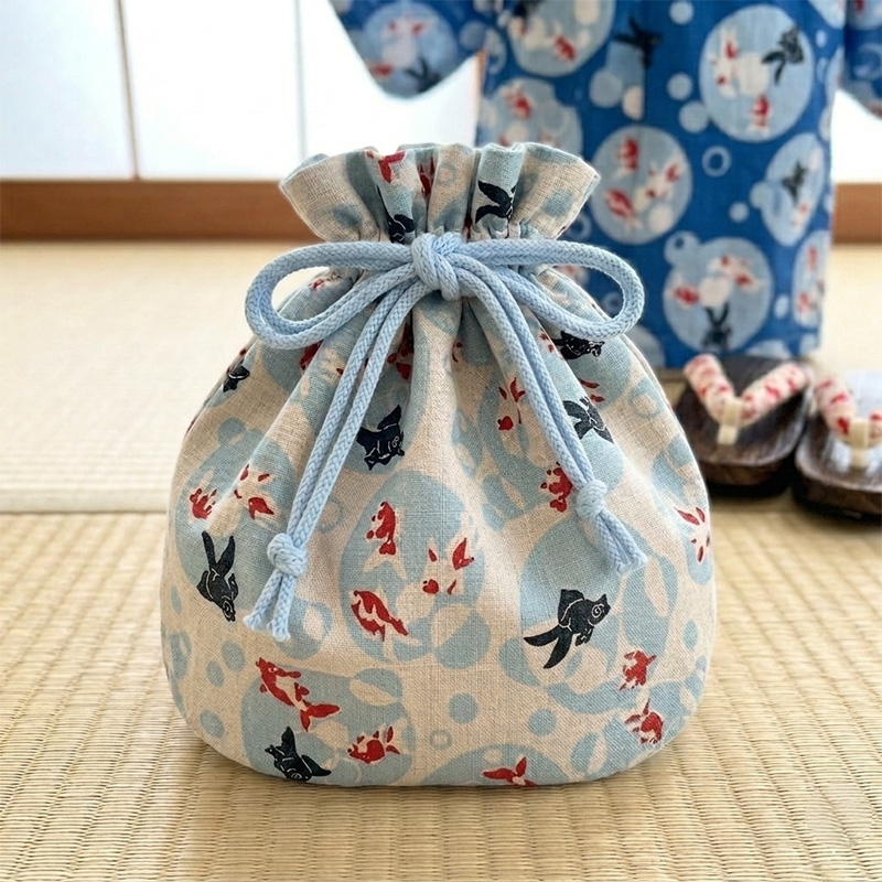 本麻 生地 水紋に金魚 (全2色) 