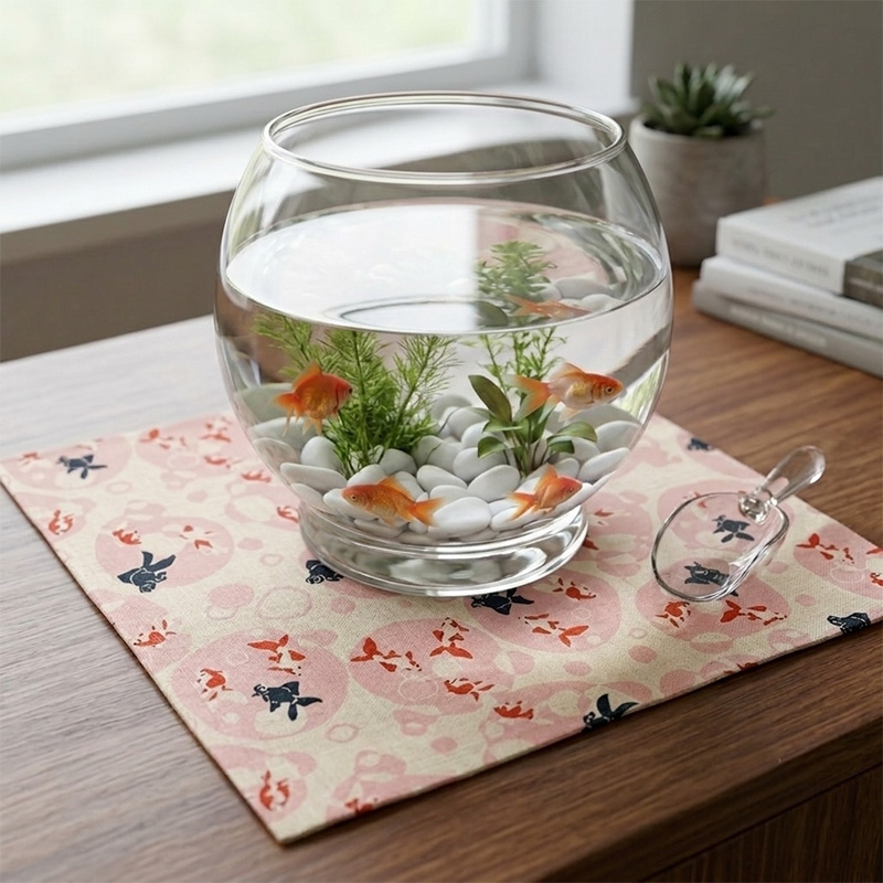 本麻 生地 水紋に金魚 (全2色) 